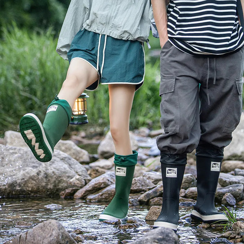 Couple PVC platform high tube rain boots in solid colour for outdoor camping waterproof non-slip