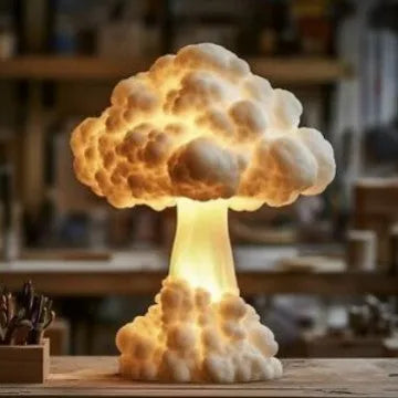 Atomic Bomb mushroom cloud shaped USB table lamp with modern art decorative design on a table.