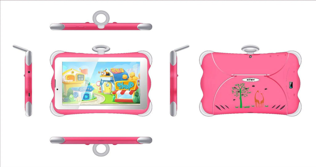 7-inch children's learning tablet in cartoon colours with integrated stand, showing 3G calling and Bluetooth features