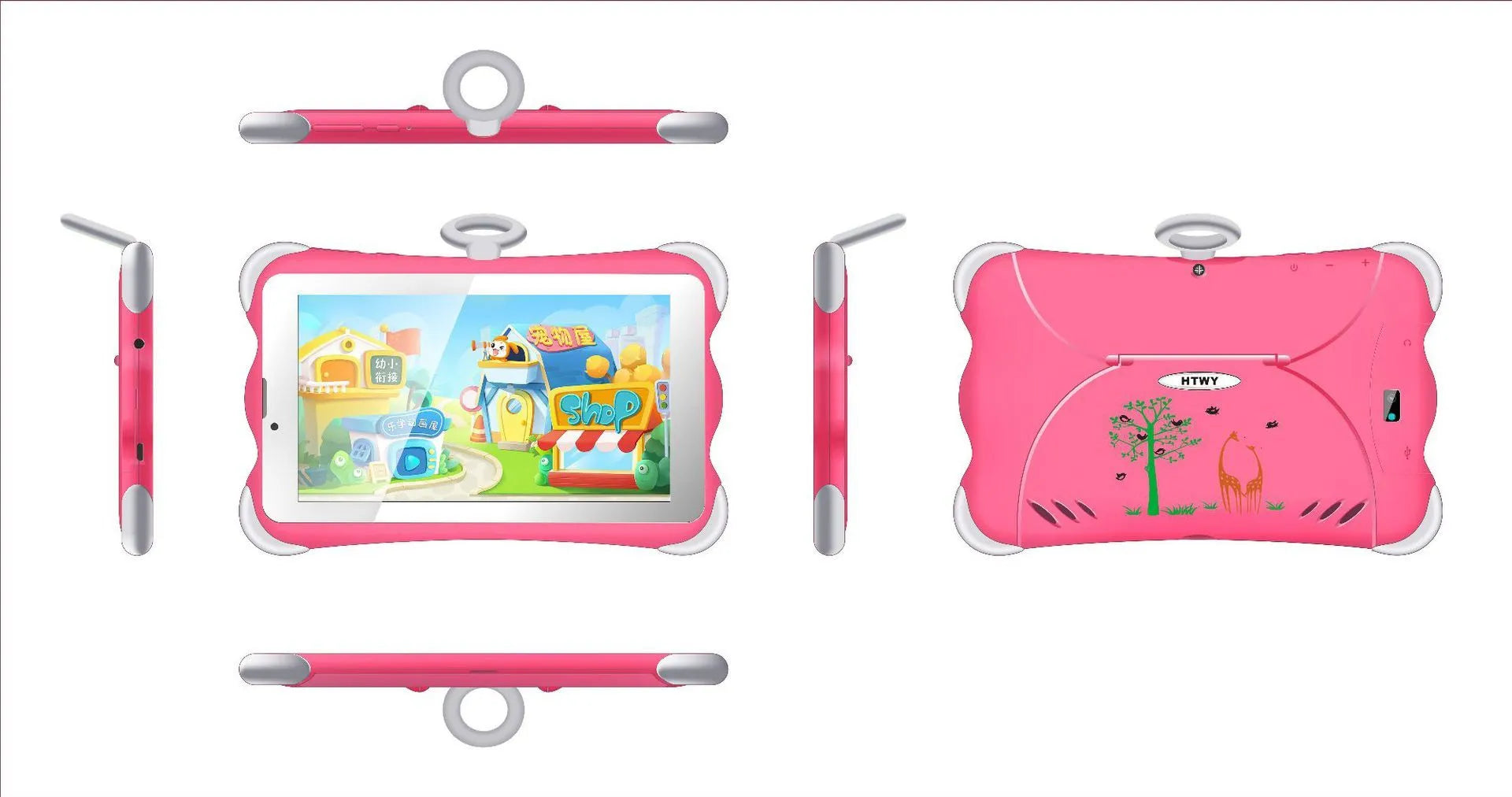 7-inch children's learning tablet in cartoon colours with integrated stand, showing 3G calling and Bluetooth features