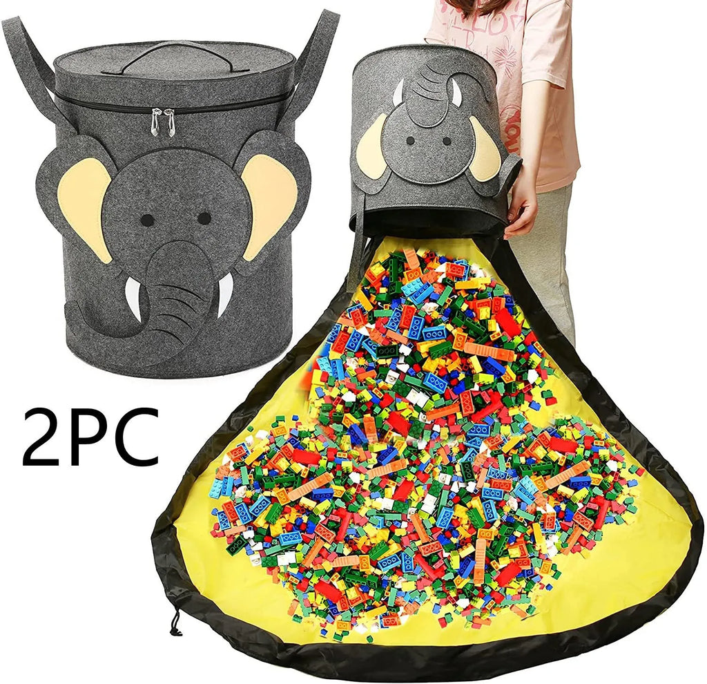 Green felt cube storage bag with pull rope shown as both a toy play mat and closed storage container