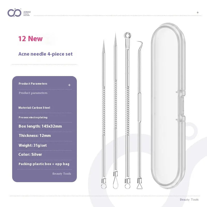 Four silver metal acne needles with fine pointed tips laid out on a flat surface.