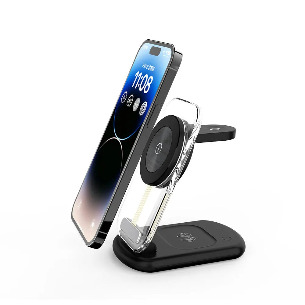 Transparent folding magnetic three-in-one wireless charger in black and white colours