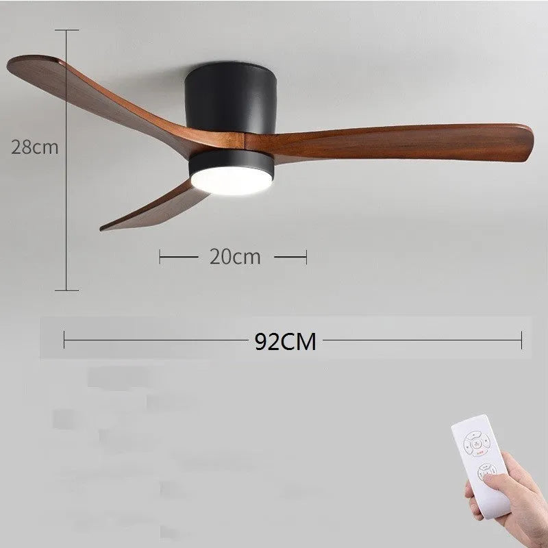 Fan pendant lamp with wooden blades and PVC shade in black, 36 inch, with remote control