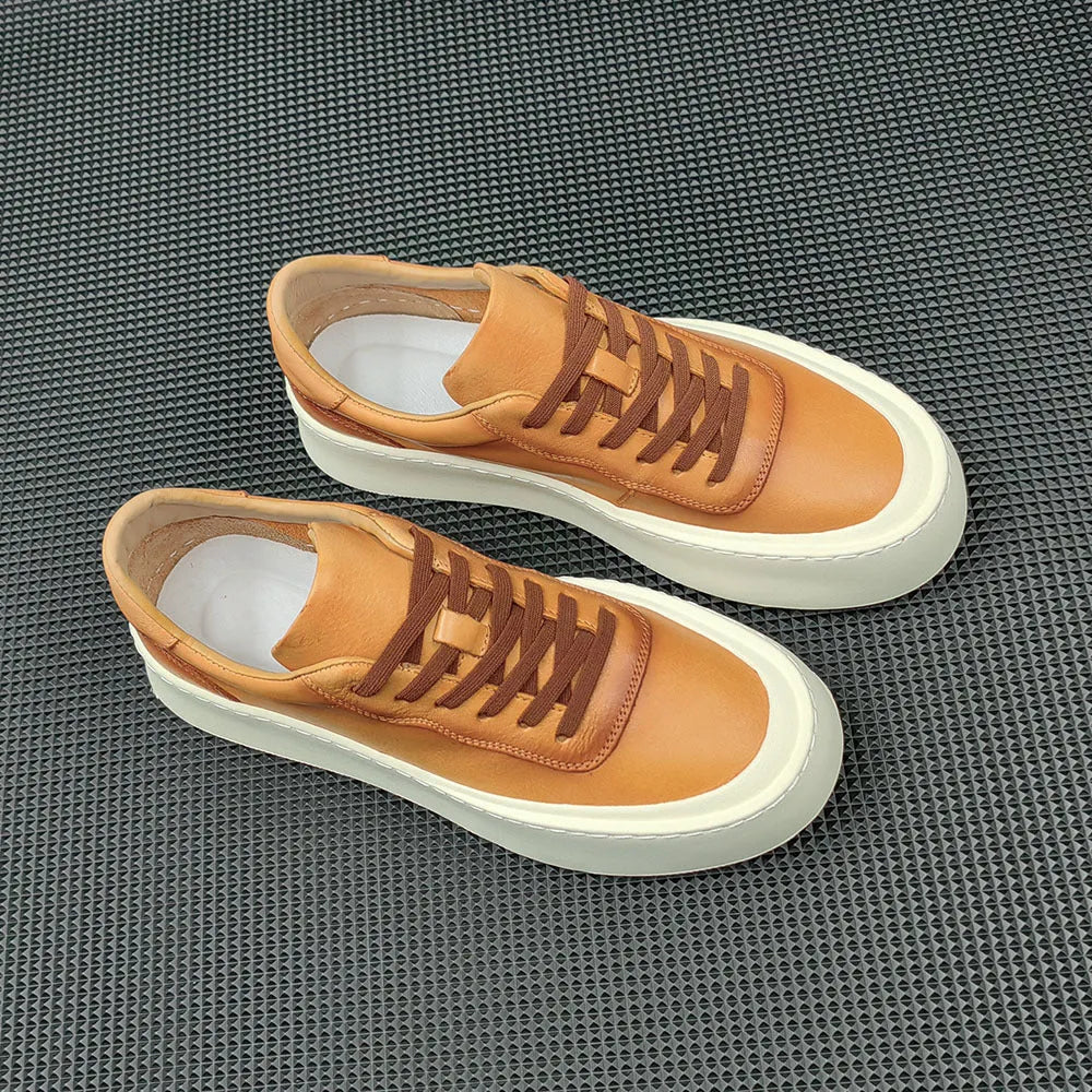 Men's white cowhide platform board shoes with thick rubber sole and round toe design