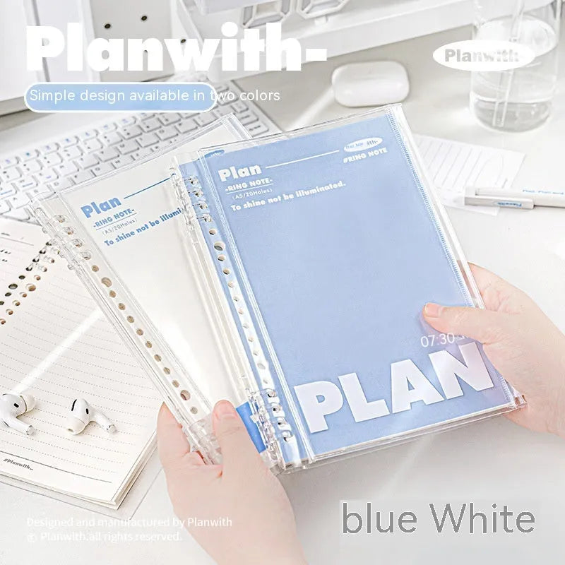 A5 PVC spiral bound notebook in blue colour showing loose binding mechanism