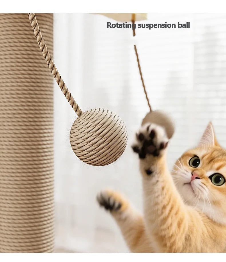 A simple-style cat climbing frame made of pine wood with a carpet leather finish and a hanging ball toy.