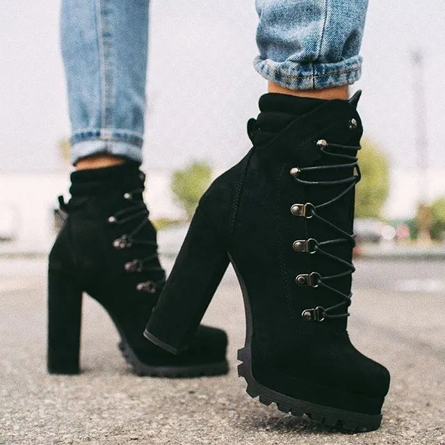Women's suede high heel boots in army green with round toe and thick 8cm heel