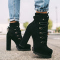 Women's suede high heel boots in army green with round toe and thick 8cm heel
