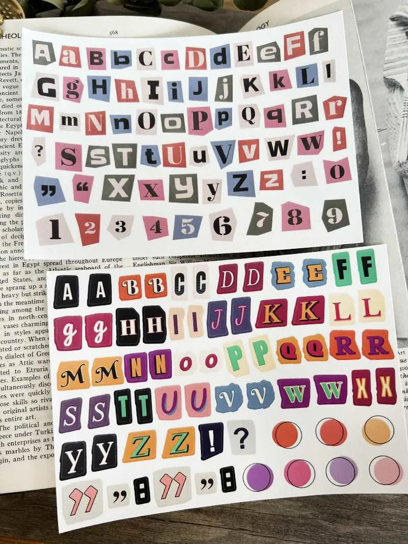 English letters and numbers symbol label stickers with alphabet sets and week words
