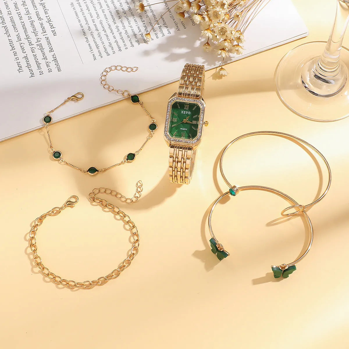 Gold green square women's watch with four matching bracelets in 5-piece jewellery gift set