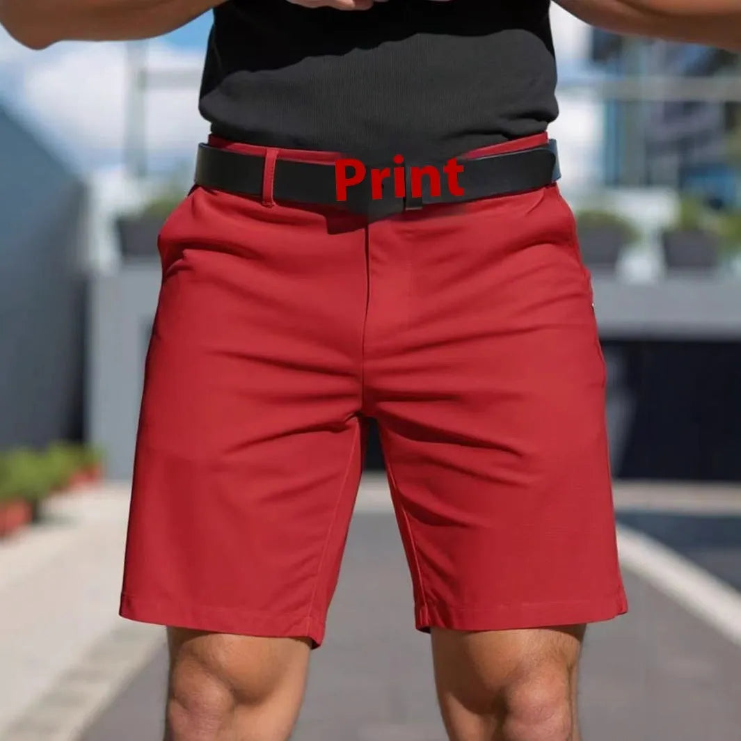 Men's straight cut solid colour shorts in light blue, showing fifth pants length and micro elastic polyester fabric.