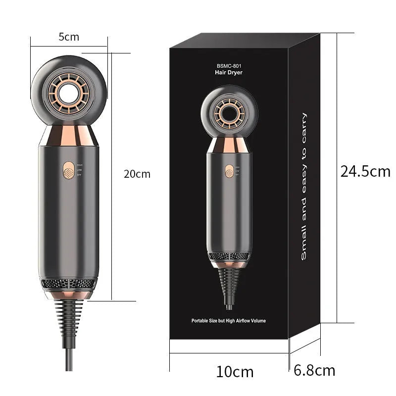 Leafless blower with a foldable handle and single nozzle, showing hot and cold air settings.