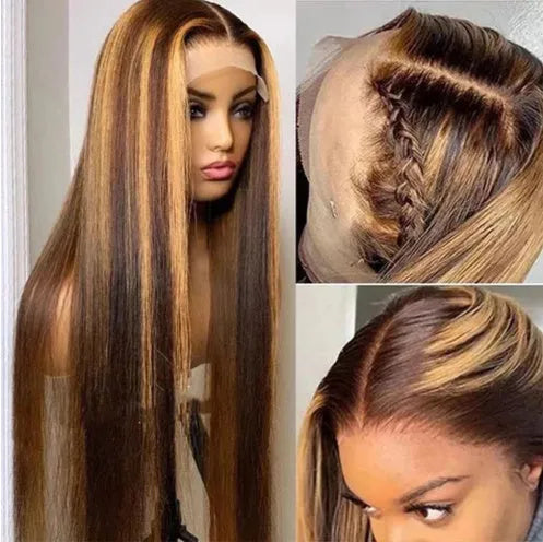 Women's gradient brown medium length straight mechanically processed wig on display