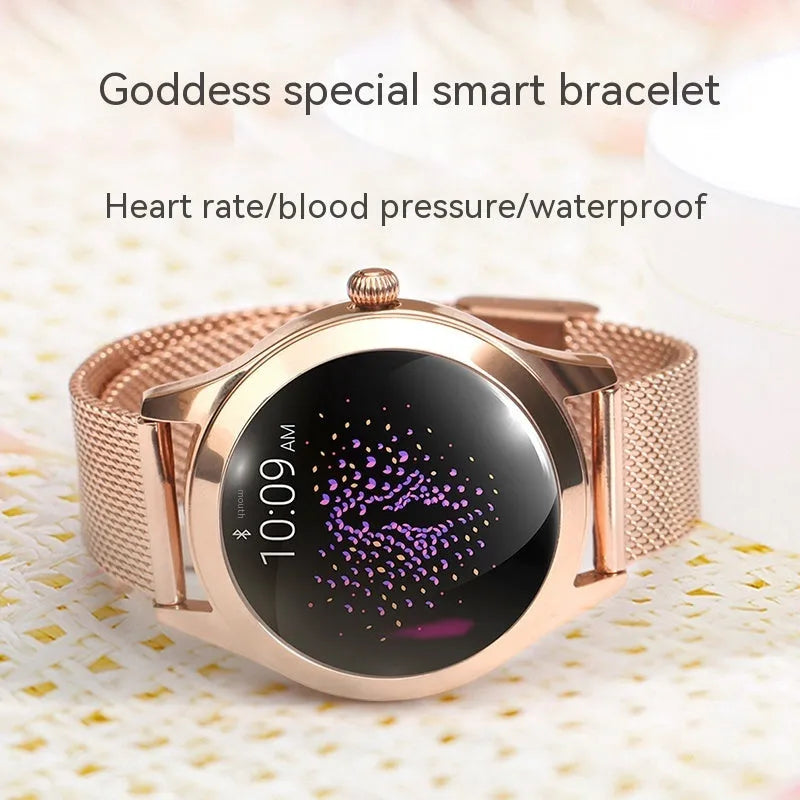 Women's sports smartwatch in black, rose gold, silver, or white with heart rate monitoring display