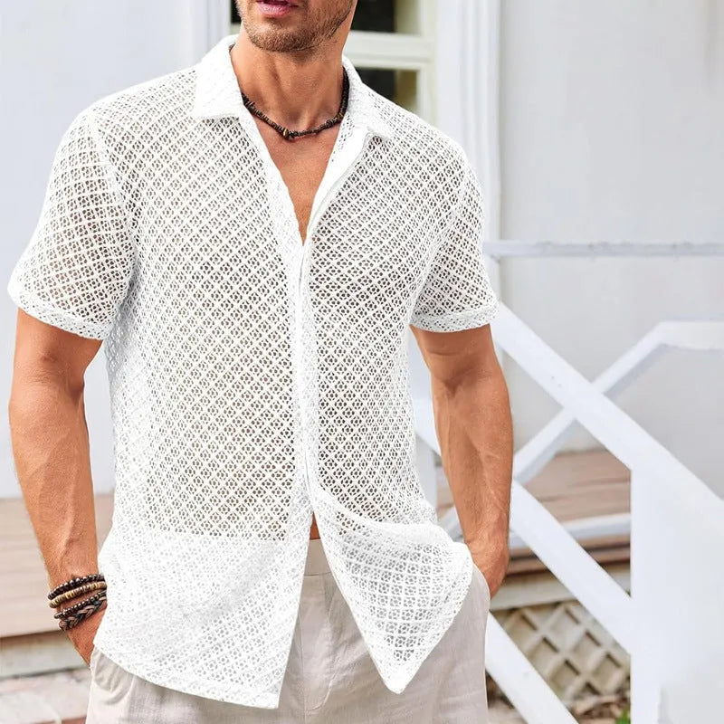 Men's short sleeve lapel cardigan shirt in cotton blend fabric