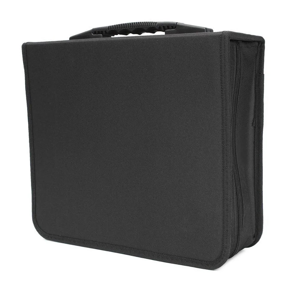 Black Oxford fabric CD storage organiser bag with zipper closure and top hand strap.