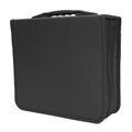Black Oxford fabric CD storage organiser bag with zipper closure and top hand strap.