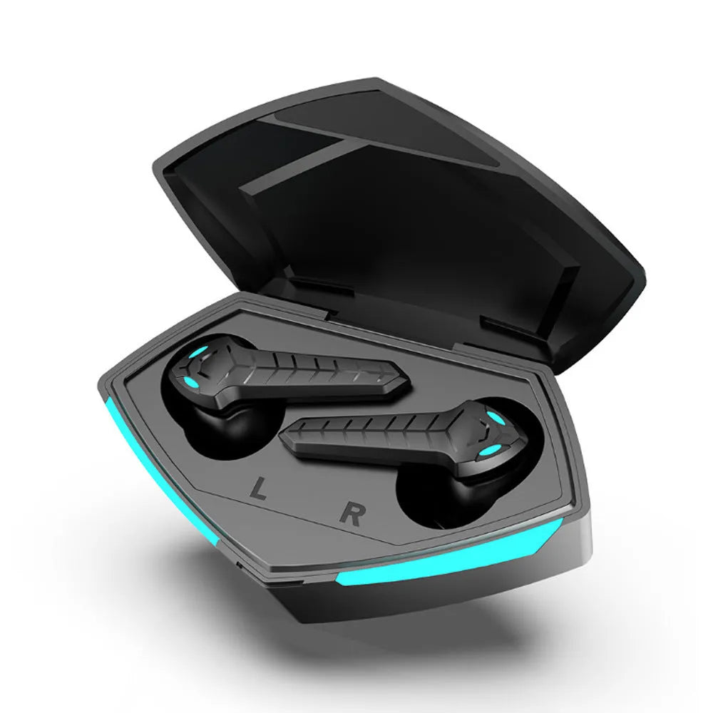X15 black wireless in-ear Bluetooth gaming headphones with charging case