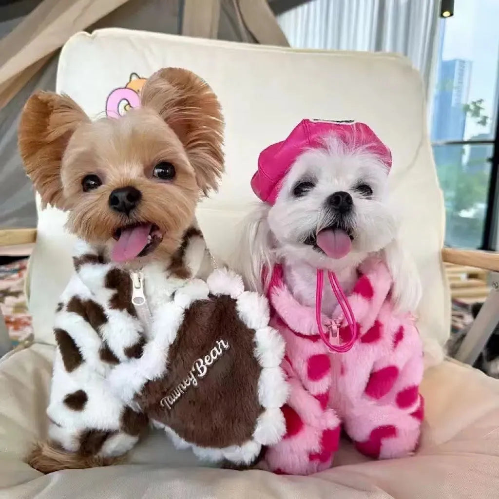 Small dog wearing pink warm plush coat with six size options from XS to 2XL