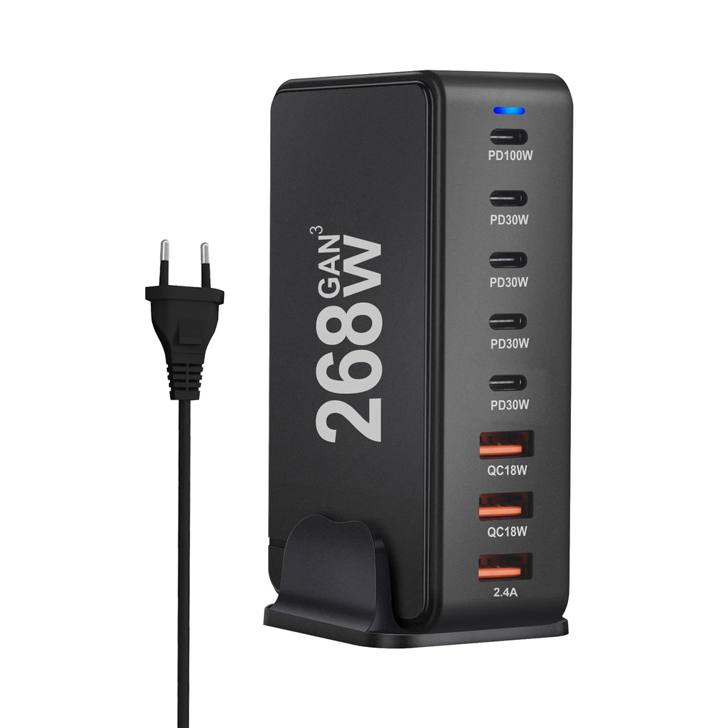 268W gallium nitride desktop charger with eight ports, white colour, Type-C and USB-A connections