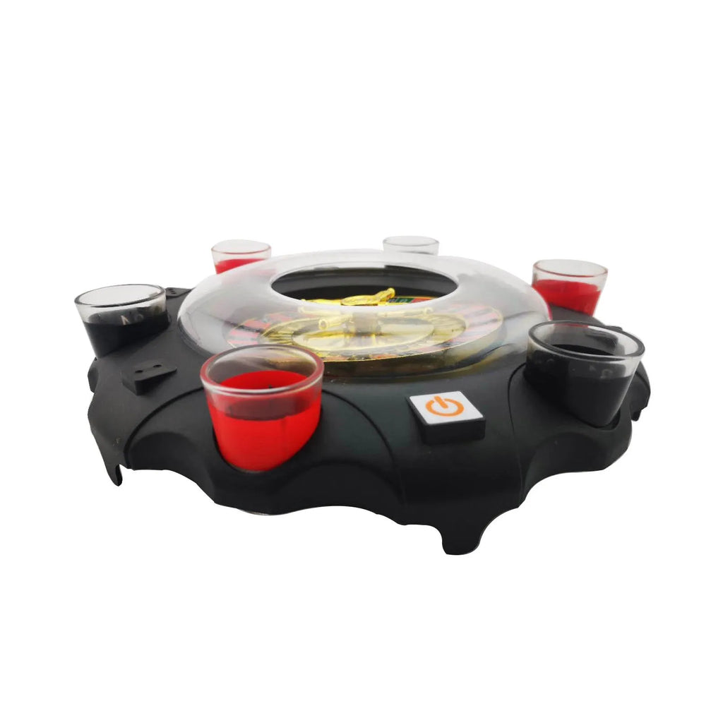Electric Russian lucky wheel roulette wine set with spinning turntable, six glass shot glasses, and two steel balls on a table