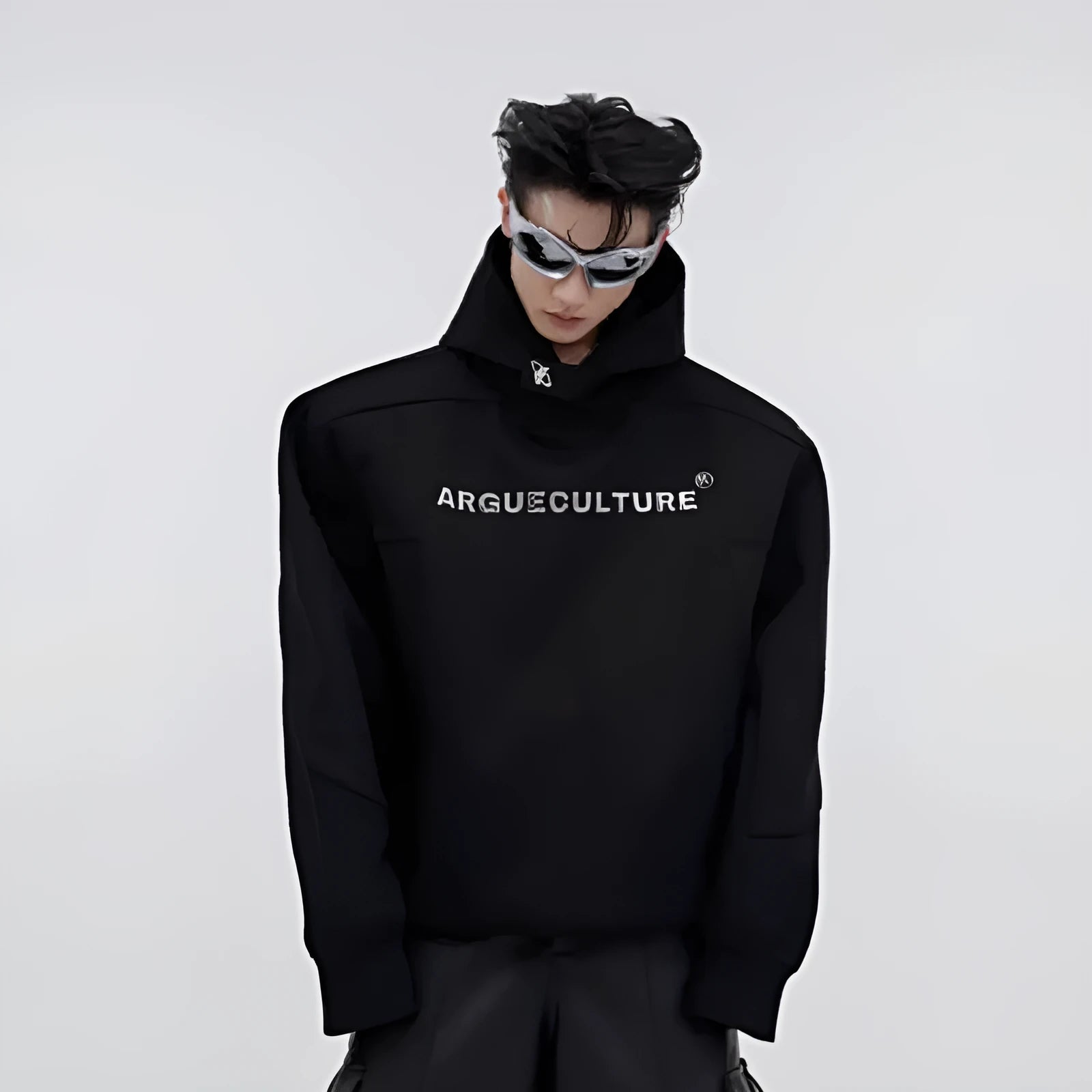 Men's black hooded sweater with metal 3D printing design and structured shoulder pads.