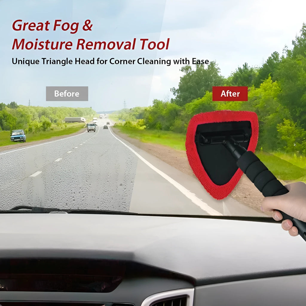 A plastic car windscreen cleaning brush with a long handle, shown in red, green, and blue colour options.