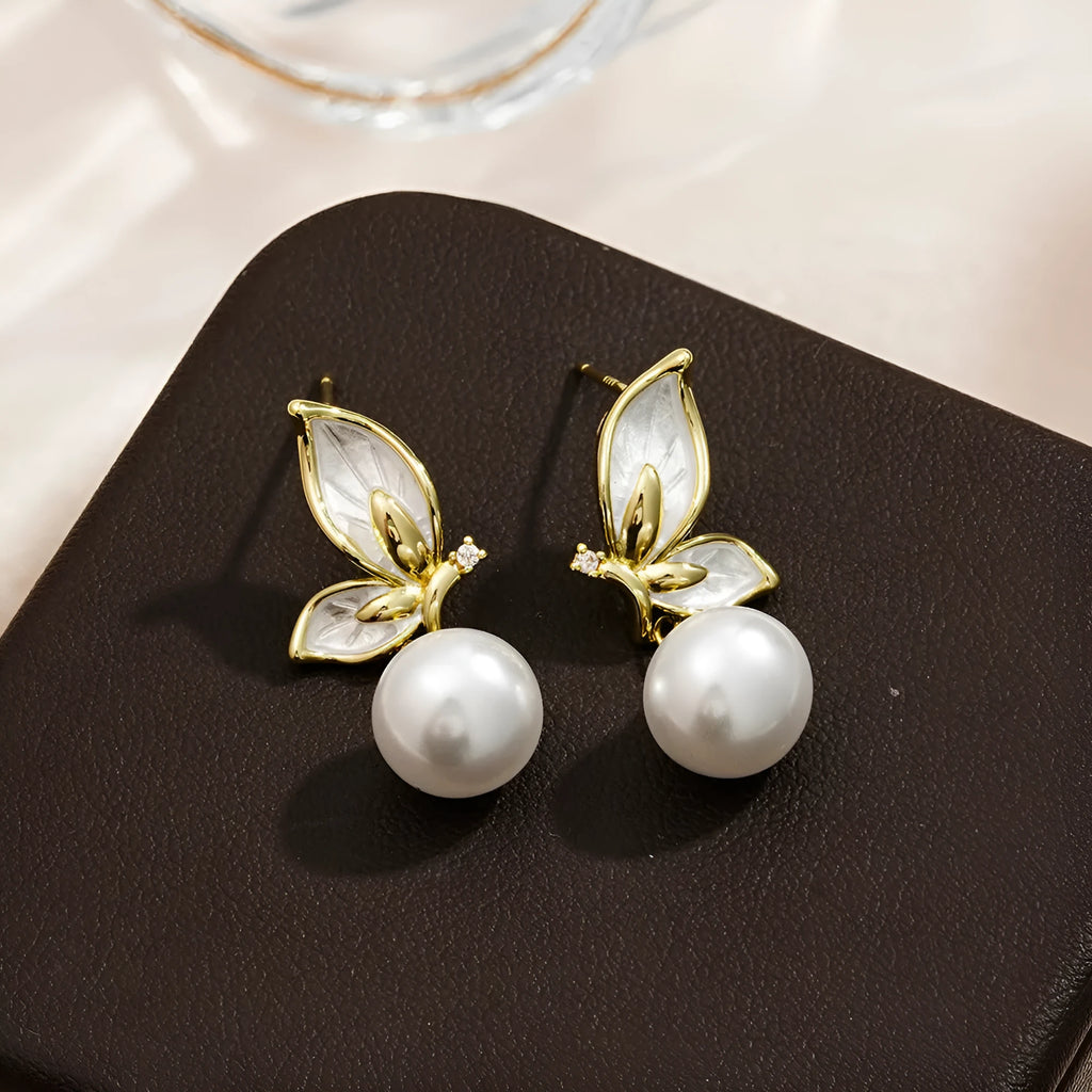 Women's simple copper butterfly earrings with zircon painting oil finish, colour PT0203.