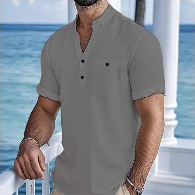 Men's linen short sleeve shirt with stand collar in light blue colour
