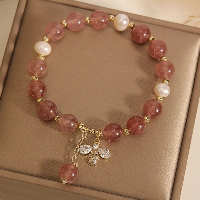 Women's strawberry quartz freshwater pearl bracelet with zircon detailing in Japanese South Korean style