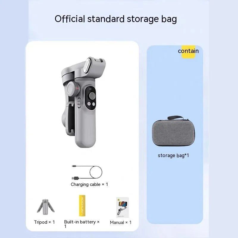Silver grey smartphone gimbal stabiliser with extended arms and Bluetooth remote control on a table.