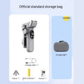 Silver grey smartphone gimbal stabiliser with extended arms and Bluetooth remote control on a table.
