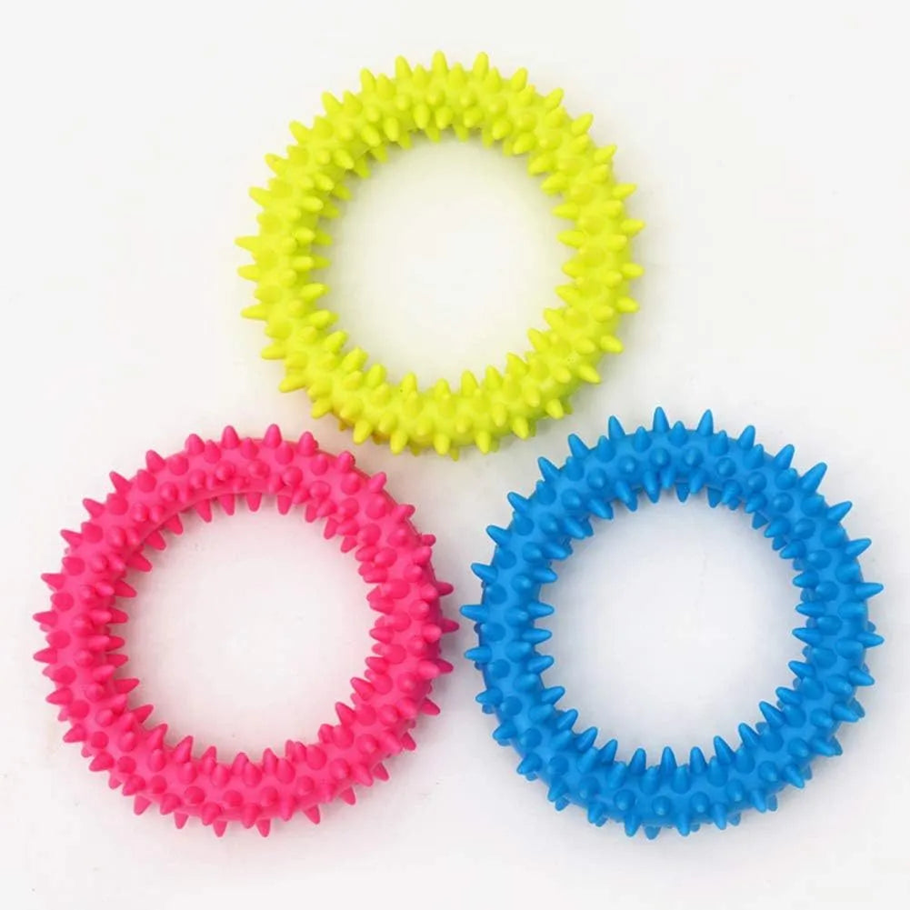 Blue spiky TPR circle ring dog chew toy for dental cleaning and bite training