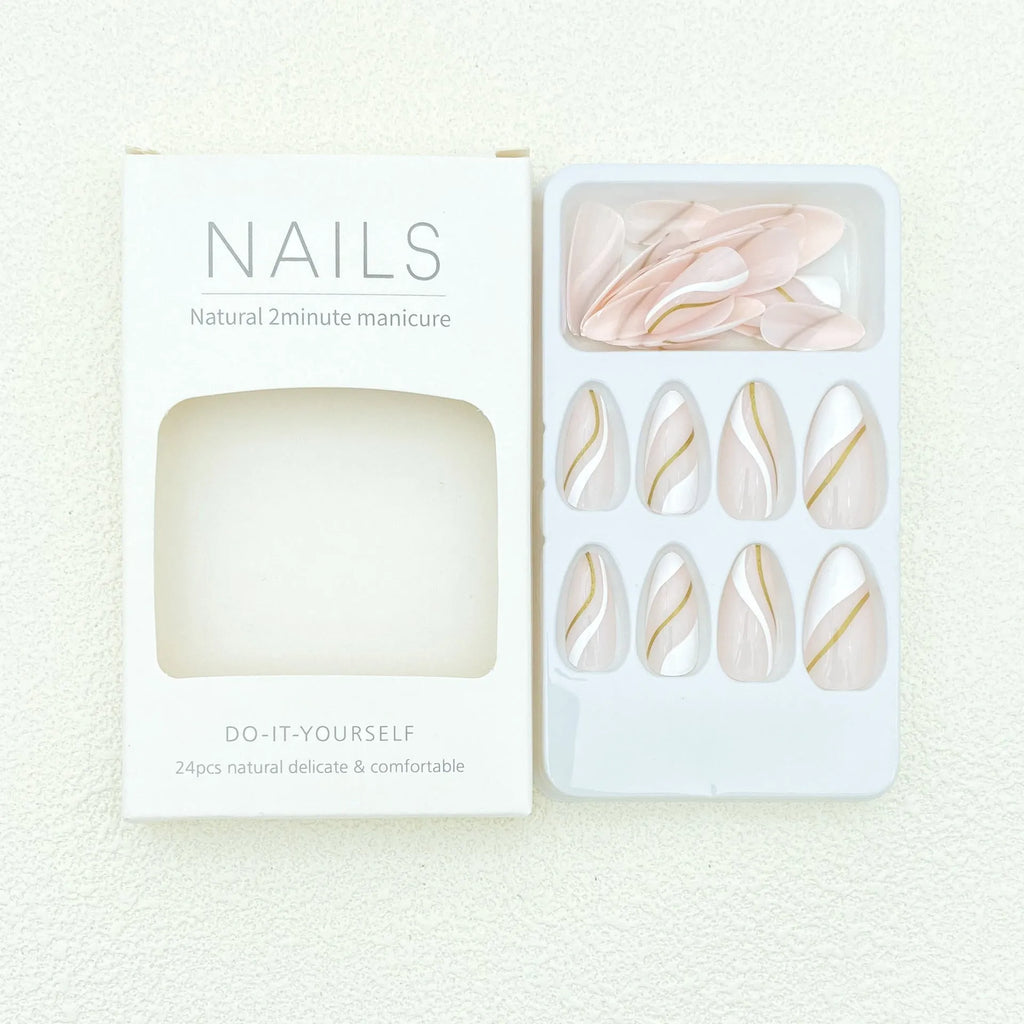 Golden Lines Wearable Nail Stickers set showing plaid pattern in JF0518 colour on medium drop shaped plastic nails.