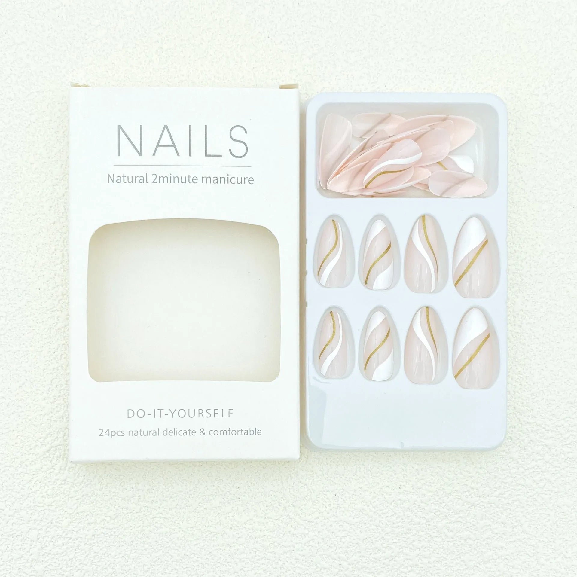 Golden Lines Wearable Nail Stickers set showing plaid pattern in JF0518 colour on medium drop shaped plastic nails.
