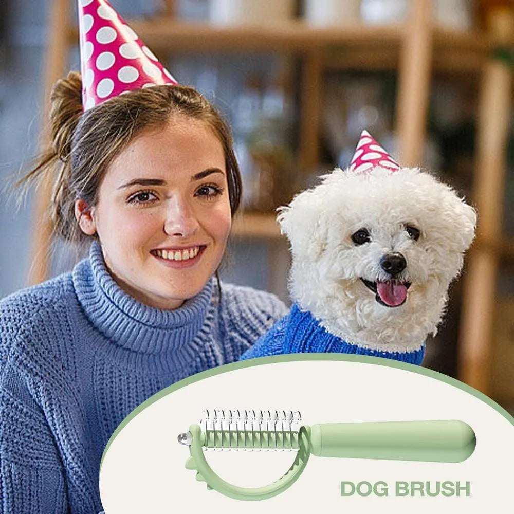 Blue dinosaur-shaped cat brush with double-sided head and self-cleaning button
