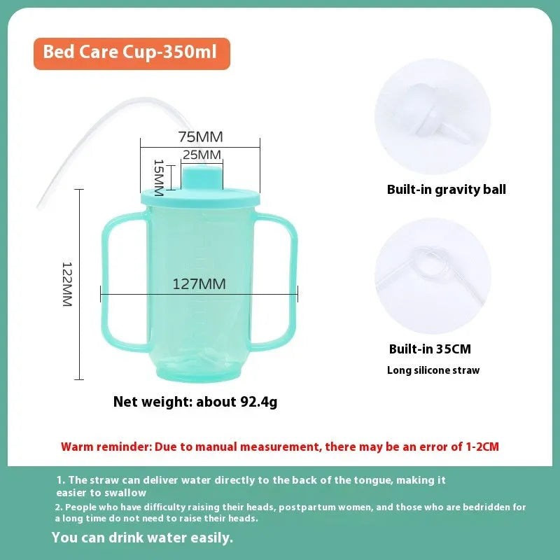 Oblique mouth choke-proof drinking cup with lid and handle, showing optional wrist splint attachment