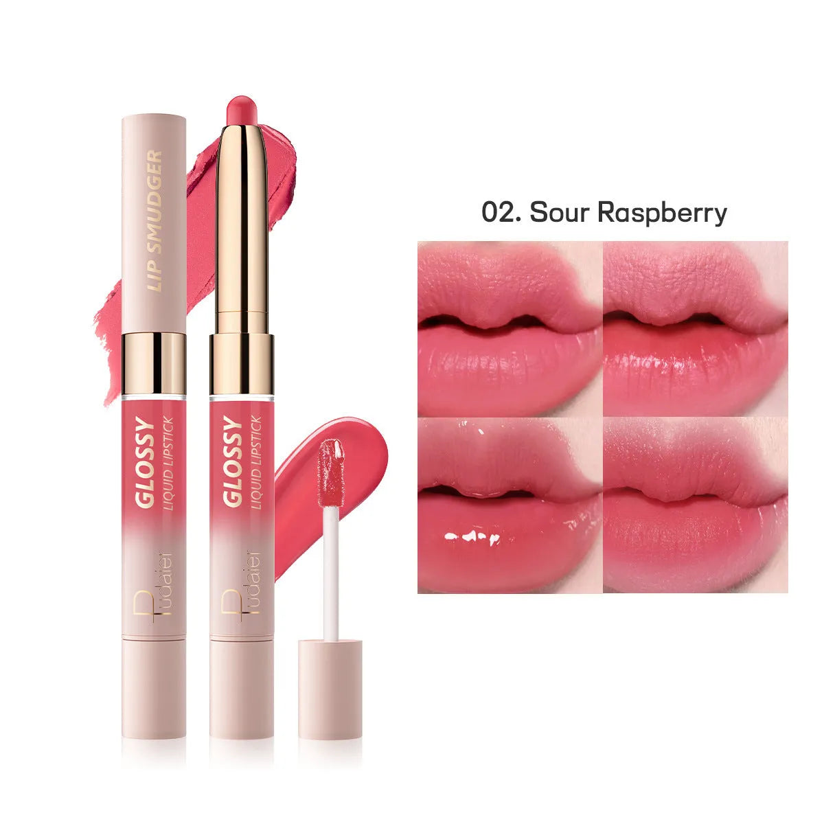 Double-headed lipstick lip gloss showing two matte colour ends with ten shade options from 01 to 10