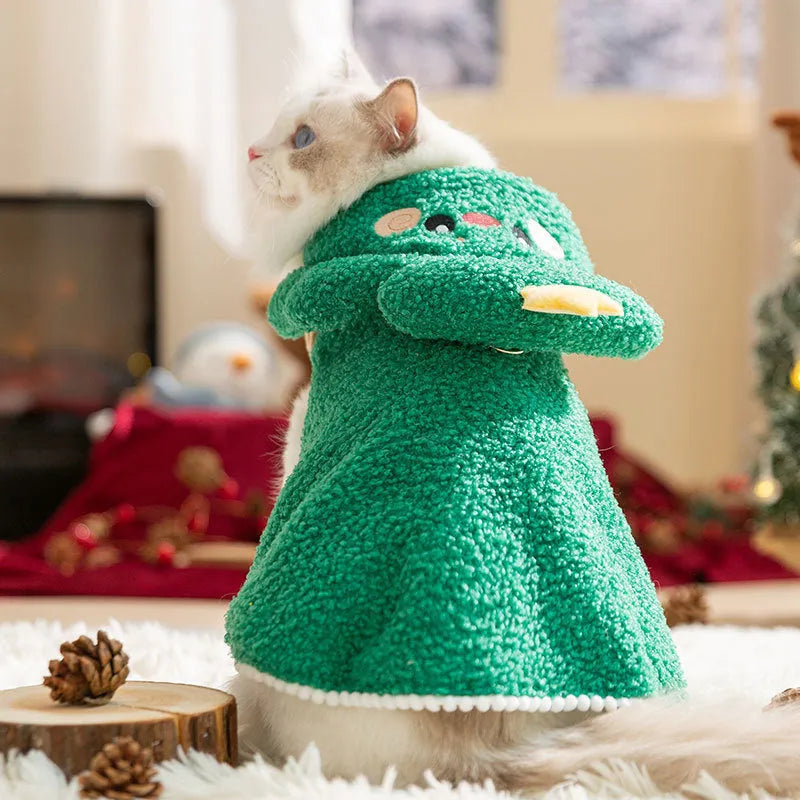 Brown cartoon elk pattern cat cloak modelled on a cat, showing the warm polyester construction.