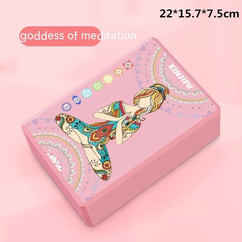 A high-density EVA yoga block in a choice of solid colours or printed designs, measuring 23cm by 15cm.