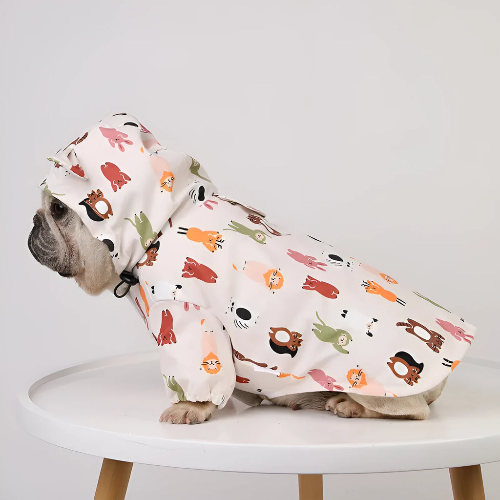 Beige dog raincoat with cartoon print, showing double waterproof PU coating and available in sizes S to XXL.