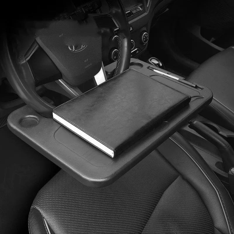 Black plastic car desk tray with storage stand, dimensions 42cm by 28cm