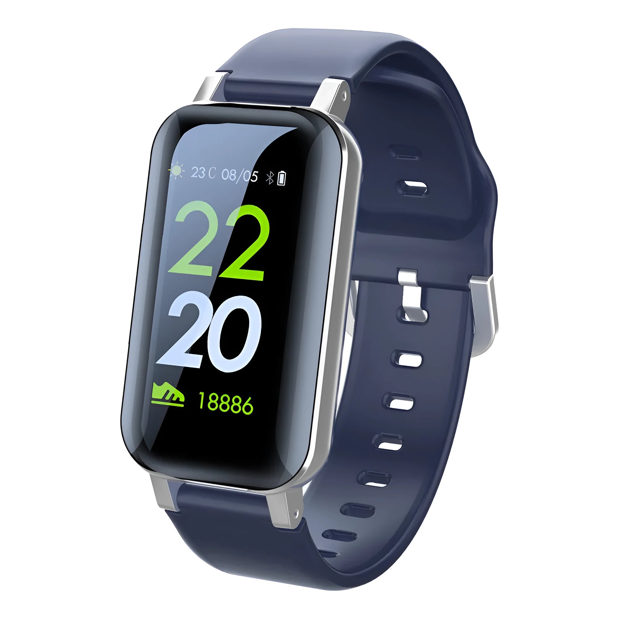 Black, blue, and coffee coloured smart bracelet with call and heart rate monitor functions.