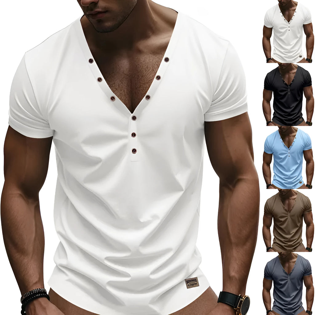 Men's loose V-neck pullover top with button details in light blue colour