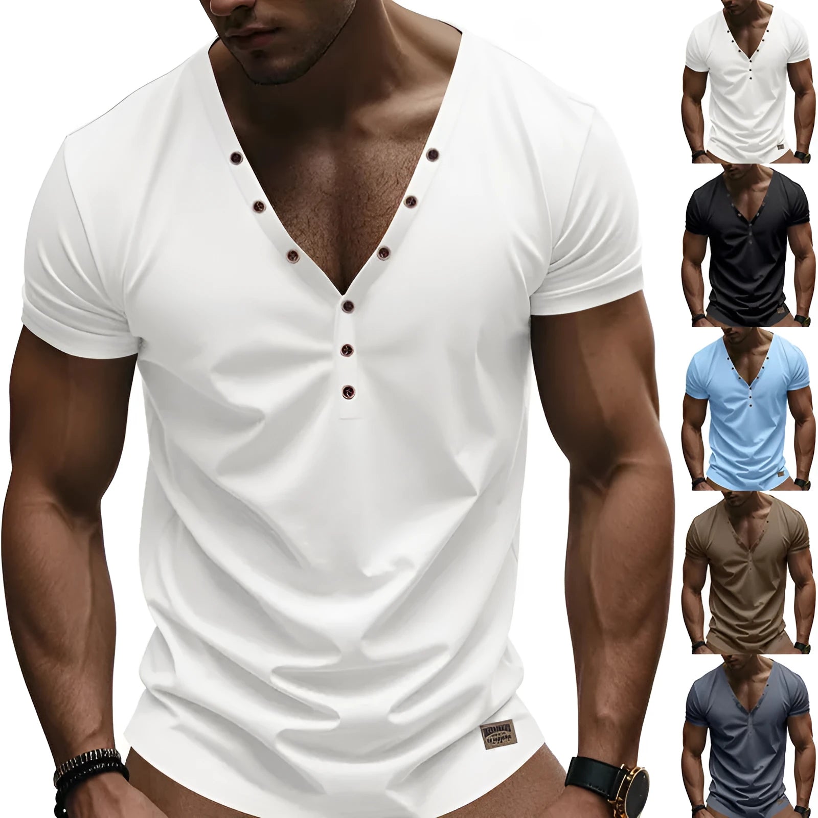 Men's loose V-neck pullover top with button details in light blue colour