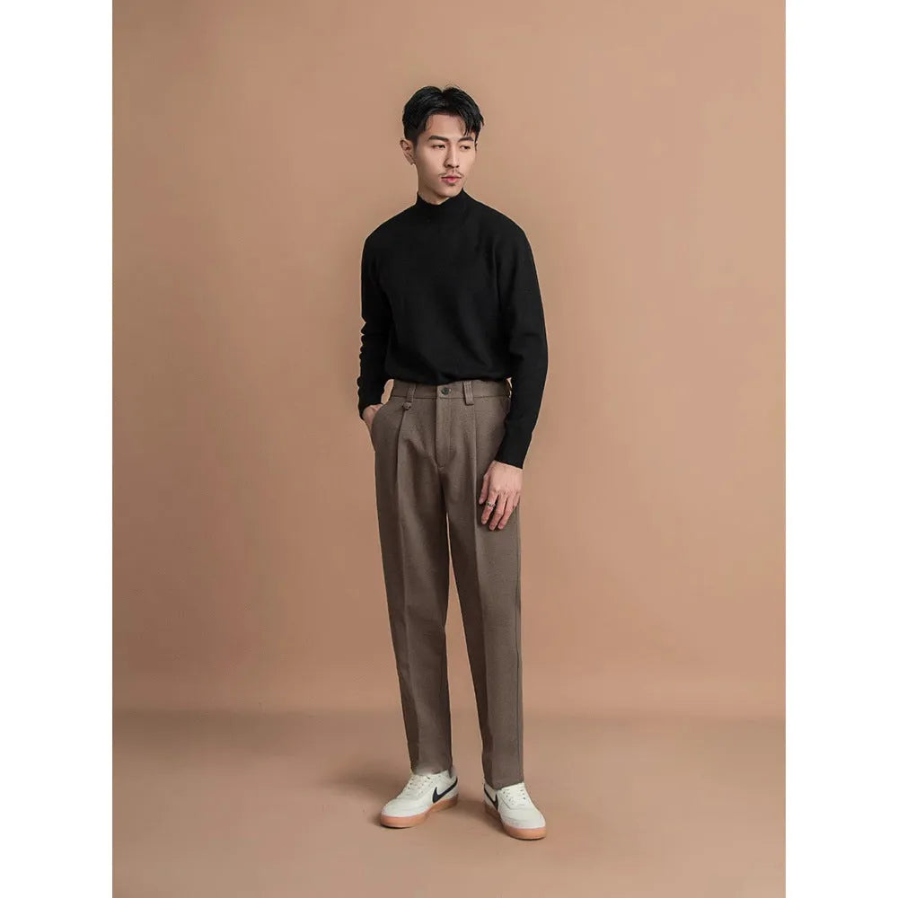 Men's straight leg trousers in polyester fabric with draped tailoring for business casual wear
