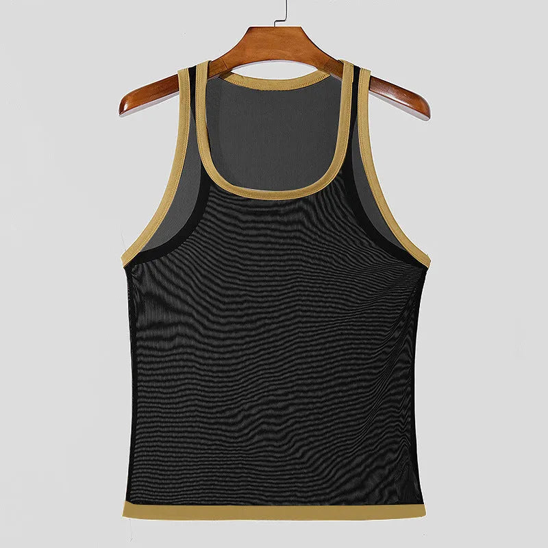 Men's white polyester mesh athletic vest with tight fit and straight hem design