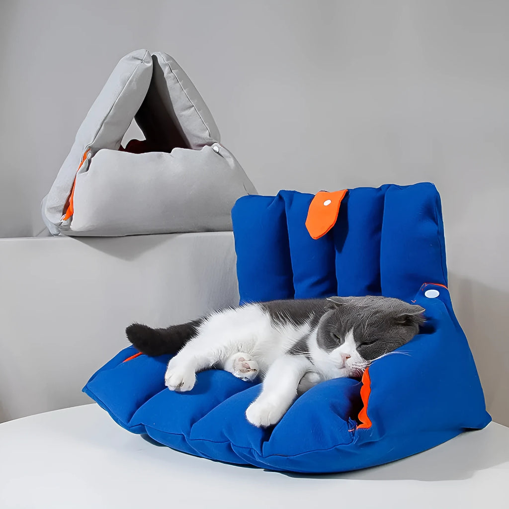 Triangular blue cat nest bed with removable cotton cover measuring 45x38x38cm