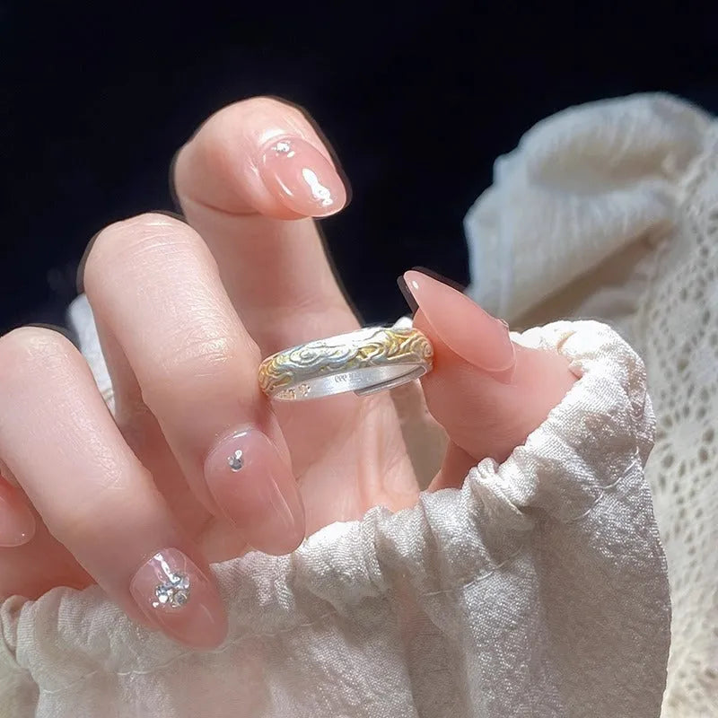Geometric open-mouth white copper ring with J14 Xiangyun pattern in silver or gold electroplate.